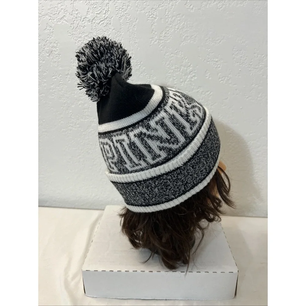 Victoria's Secret‎ Pink Nation Beanie 2 Hats Blue Black Pom NWOT Black White